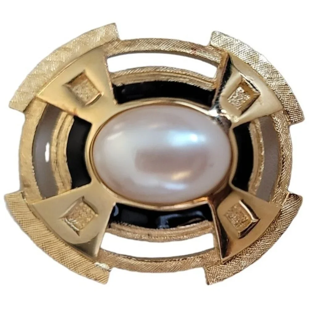 Richelieu Gold Tone Black Enamel Faux Pearl Brooch, Signed M858